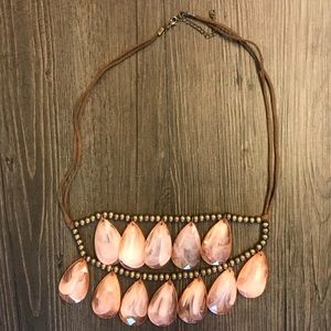 Beaded Necklace Brown Suede/Pink